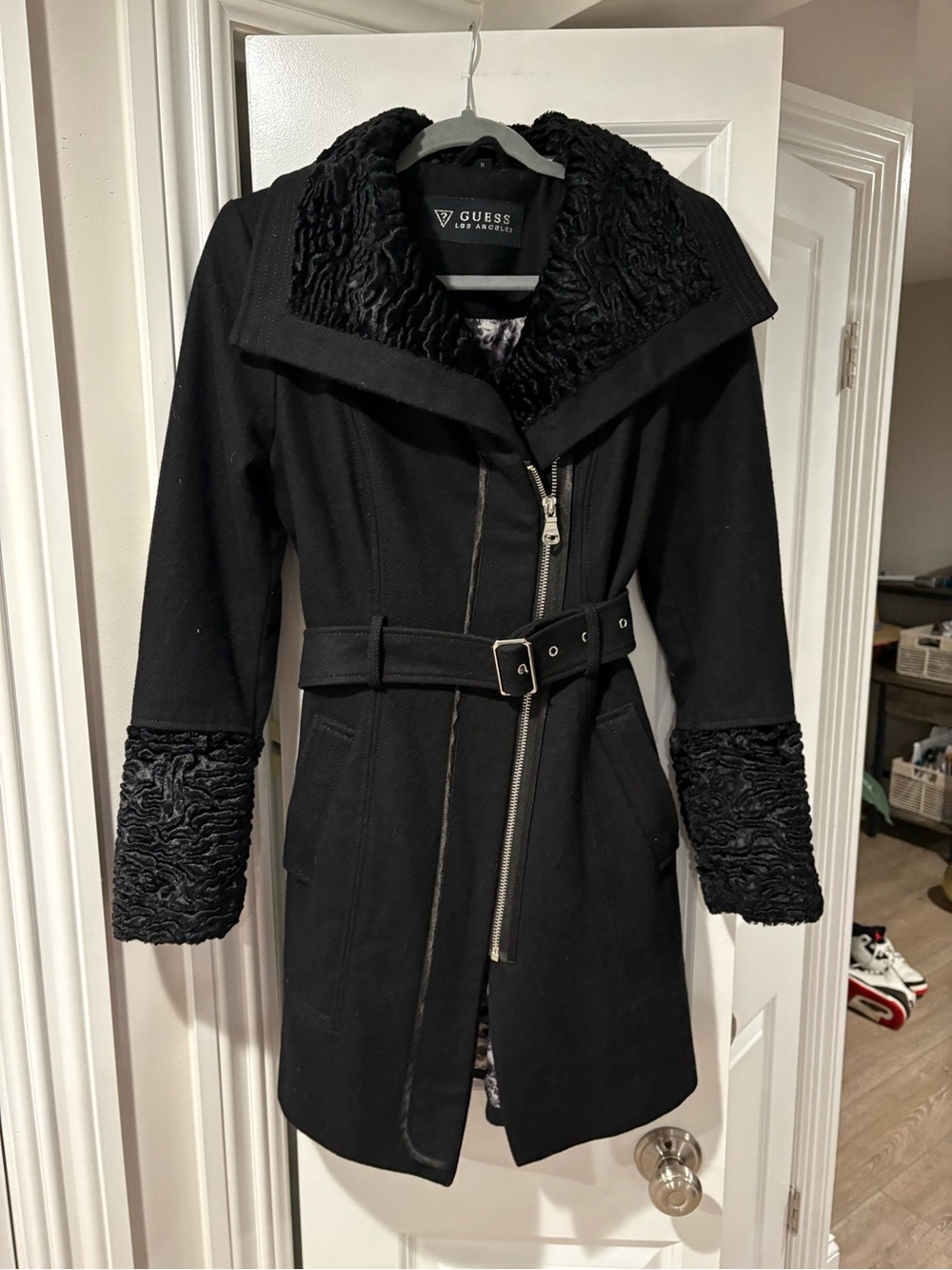 Guess Black Belted Wool Blend Coat with Textured Fur Collar